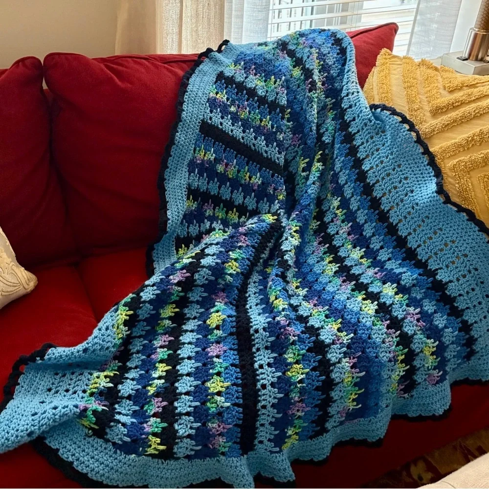 Handmade Blue Multicolor Crochet Afghan Blanket Scalloped Rectangle Multicolor